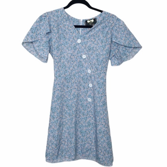 Blue Floral Mini Dress With Flutter Sleeves - Picture 1 of 7